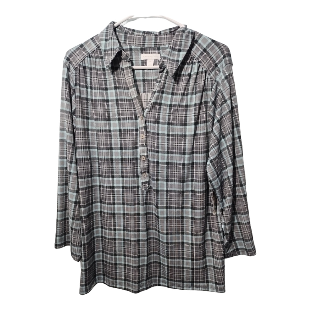 Charter‎ Club Core Knit Popover Tunic  Collared Grey Combo Blouse Top Sz XXL